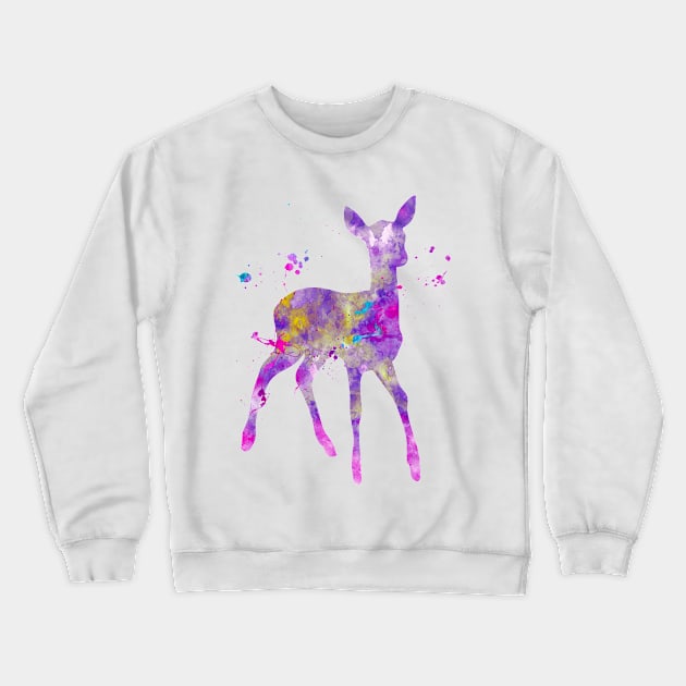 Purple Fawn Watercolor Painting Crewneck Sweatshirt by Miao Miao Design